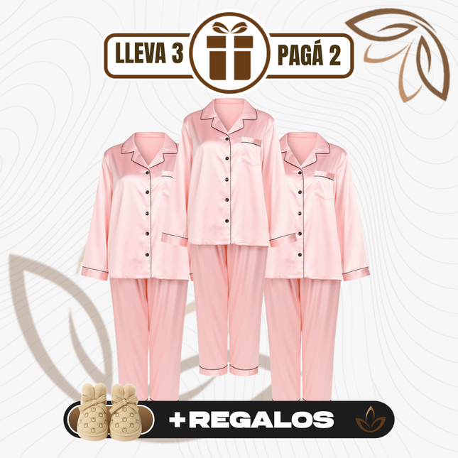 [Llevá 3 Pagá 2] Pijama Femenino Mona en Satén y Seda Hielo (Confort y Suavidad Únicos) + Pantufas de Regalo