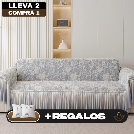 [Llevá 2 Pagá 1] Funda para Sofá Vera de Algodón y Viscosa con Estampa Elegante y Faldones Laterales +REGALO: 2 Almohadas