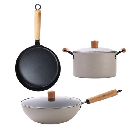 Conjunto Completo de 3 Ollas en Acero Inox Antideslizante con Mango de Madera +REGALO: Kit de Utensilios de Cocina