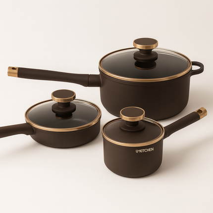 Conjunto Completo de 3 Ollas en Acero Inox Antideslizante con Mango de Madera +REGALO: Kit de Utensilios de Cocina