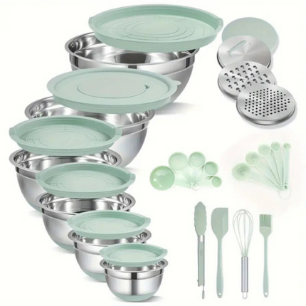 Conjunto de 6 Recipientes de Acero Inoxidable con Tapas de Silicona Multifuncionales + REGALO: Kit de Utensilios de Cocina