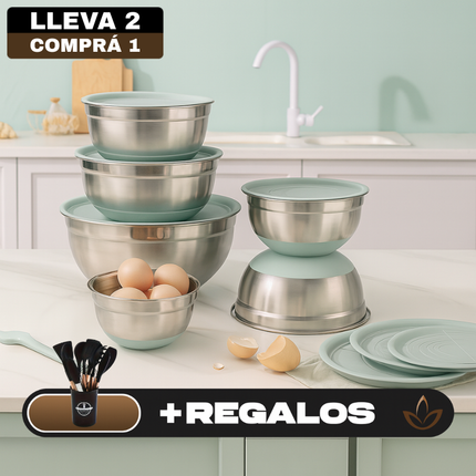 Conjunto de 6 Recipientes de Acero Inoxidable con Tapas de Silicona Multifuncionales + REGALO: Kit de Utensilios de Cocina