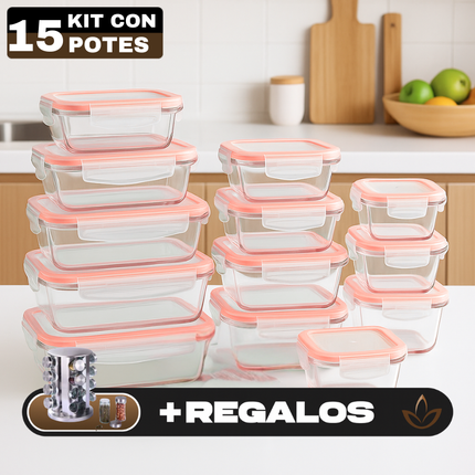 Kit con 15 Frascos Herméticos de Vidrio + REGALO: Porta Condimentos [¡ÚLTIMAS UNIDADES EN STOCK!]