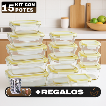 Kit con 15 Frascos Herméticos de Vidrio + REGALO: Porta Condimentos [¡ÚLTIMAS UNIDADES EN STOCK!]