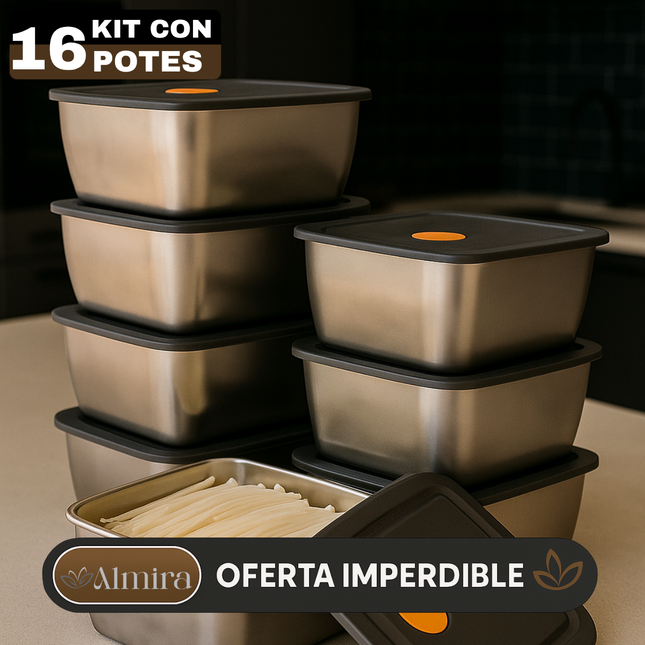 Kit de 16 Recipientes de Acero Inoxidable Línea Premium con Tapa Antifugas Resistente al Congelador y a Altas Temperaturas