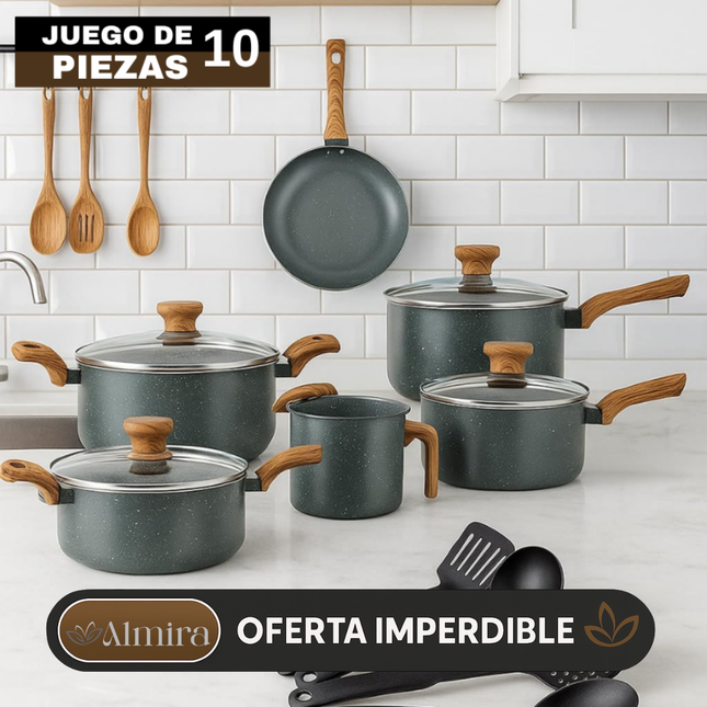 Conjunto Completo de 10 Piezas en Acero Inoxidable con Revestimiento de Cerámica y Mangos de Madera